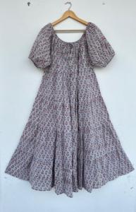 Vestido Maxi de Algodón con Estampado Floral y Cuello Redondo para Mujer, Manga Corta, Estilo Casual con Volantes, Vestido de Algodón Indio para Dama, Venta al por Mayor - Product Image 1