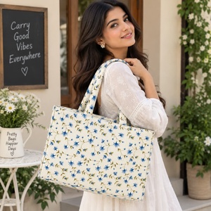 Blue Floral Pattern Cotton Tote <b>Bag</b> Open Top Insulated Shopping <b>Bag</b> All Seasons Elegant Style - Product Image 2