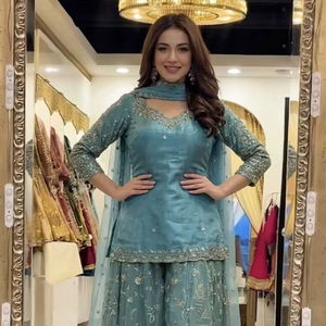 Presenting New Premium Quality With Embroidery Sequence Worked Top-Plazzo And Dupatta Set Fully Stitched Ready To Wear - Product Image 1