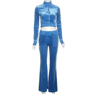 Ensemble deux pièces en velours noir pour femme, haut court à manches longues avec fermeture éclair et pantalon évasé, décontracté, toutes saisons, coupe classique - Product Image 4