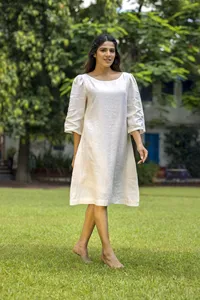 Robe maxi en coton et lin style bohème, longueur genou, col rond, manches 3/4, ample, confortable, décontractée, mini-robe - Product Image 4