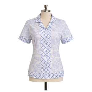 Blusa de Verano de Algodón para Mujer con Estampado Floral Azul Premium, Manga Corta y Borde Frontal Elegante, Top Casual - Product Image 1