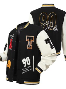 High Quality 100% Cotton Men's Black Varsity <b>Jacket</b> Embroidered Letter T Number 90 Patch Designs Casual Eco-Friendly Breathable - Product Image 1