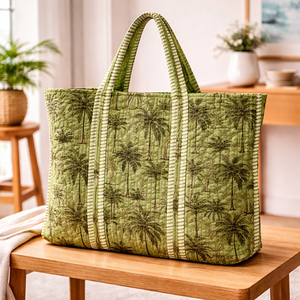 Sac fourre-tout en coton imprimé palmier vert, sac de courses réutilisable de grande capacité, sac à main à bandoulière écologique pour femmes - Product Image 1