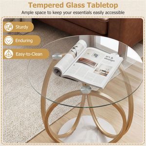 Modern 2-Tier Gold and <b>White</b> <b>Round</b> End <b>Table</b> Tempered Glass Top with Faux Marble Base Coffee <b>Tables</b> - Product Image 4