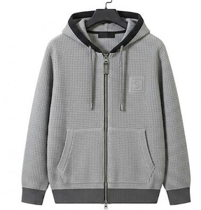 Pull tricoté à capuche oversize pour homme, color block, décontracté, pour l'automne, manches classiques, en coton/fibre de bambou, coupe-vent, fermeture éclair - Product Image 2