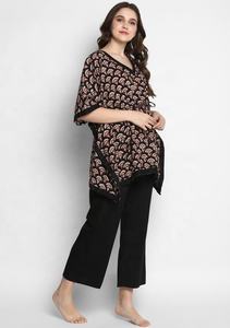 ชุดนอนแขนสั้นสำหรับผู้หญิงซักได้ยาวถึงพื้นผ้าฝ้ายสีดำตัวหนาพิมพ์ลายดอกไม้สีแดงลายดอกไม้ - Product Image 3