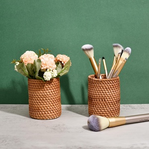 Wooden <b>marker</b> <b>pen</b> holder decorative desktop organizer woven rattan pencil pot basket for sale - Product Image 3