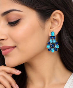 Pendientes de botón de moda con engaste de latón plateado oxidado y ónix azul floral, llamativos para mujer, joyería de fiesta de moda al por mayor - Product Image 2