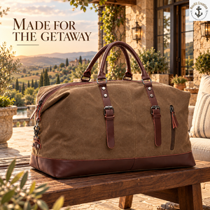 Heritage Canvas <b>Leather</b> Duffel Travel <b>Bag</b> with Buckle Straps | Vintage Weekender <b>Holdall</b> with Top Zipper and Front Zipper Pocket - Product Image 4