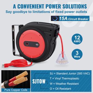 Avvolgicavo retrattile da 65 piedi per impieghi gravosi, cavo di alimentazione 12AWG/3C SJTOW, presa tripla illuminata in ABS, 15 Amp, terminale CEE maschio - Product Image 4