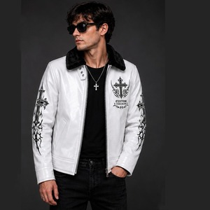 Custom White Leather Jacket Men's Gothic Cross Print Faux Fur Collar Biker Jacket <b>Winter</b> Fashion <b>Coat</b> - Product Image 5