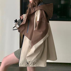 Women Brown Khaki Windbreaker <b>Jacket</b> Color Block Coat <b>Ladies</b> Fashion Oversized Outerwear Casual Hooded Top New - Product Image 2