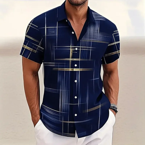 Camisa de hombre con estampado geométrico a cuadros, informal, a la moda, para vacaciones al aire libre, estilo urbano, camisa de manga corta con estampado 3D - Product Image 4