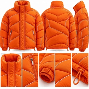 <b>Mens</b> Orange Puffer <b>Jacket</b> <b>Reflective</b> Piping Quilted Insulated High Collar Full Zip Winter Outdoor <b>Jacket</b> - Product Image 5