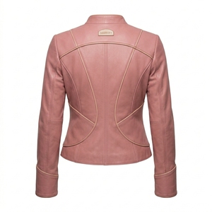 <b>Women</b> Genuine Sheepskin Leather Jacket Asymmetrical Rose Gold Zip Fitted Rider Biker <b>Coat</b> Outerwear Dusty Pink - Product Image 2