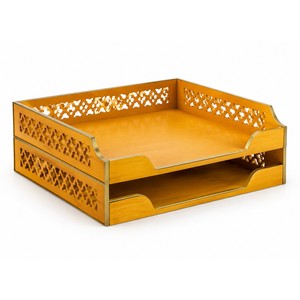 Plateau à lettres artisanal en bois de manguier de Jaipur Jali, vente en gros |   Finition Saffron Lac - Product Image 1