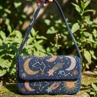 Sac à main en coton brodé de perles de graines de lune, style céleste, pour femme, sac à bandoulière artisanal, tendance, pour soirée, boutique, mode, mariage