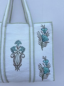 Fashionable <b>White</b> Cotton Tote <b>Bag</b> With Blue Floral Embroidery Panelled Bohemian Style Open Top Shopping <b>Bag</b> For Women All Season - Product Image 3