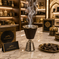 Brûleur à Bakhoor Métallique de Luxe Fait Main Écologique avec Support en Bois, Encens Arabe Mabkhara Oud pour Ramadan, Aïd, Maison, Table, Cérémonies Religieuses
