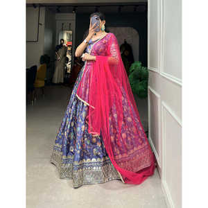 Chinon Impresión digital Bordado Lentejuelas Trabajo Mujer Lehenga Choli Set - Product Image 2