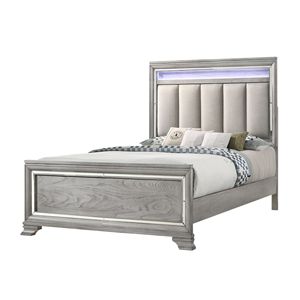 Letto matrimoniale in legno stile moderno glamour, finitura grigio chiaro con striscia LED integrata, testiera imbottita con bordi decorati (1 pz) - Product Image 2