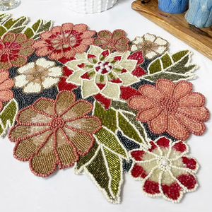 Chemin de table de luxe brodé de perles de rocaille avec bordure, fait main par msr overseas - Product Image 1