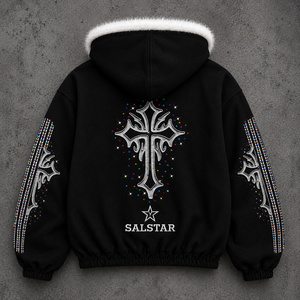 SALSTAR <b>Women's</b> Hoodie Black <b>Fleece</b> Sequined Cross Print Zip-Up Winter <b>Warm</b> Streetwear Hip Hop Style - Product Image 2