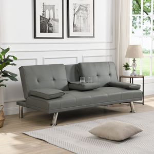 Divano Letto con Due Braccioli, Struttura in Legno, Gambe in Acciaio Inox, Futon in PVC Grigio, Arredamento Elegante per la Casa - Product Image 2