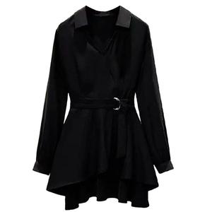 M-4XL Women's Shirt Lapel V Neck Long Sleeves Irregular Hem Plus Size Waist Tight Adjustable Belt Pullover - Product Image 2