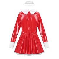 Damen Sweet Maid Lack leder Kleid mit floralen Spitze Stirnband Schürze A-Linie Kleid für Cosplay Nightclub Themed Party Cosplay