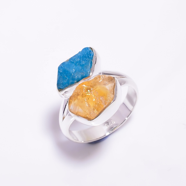 Secreat Beauty Two Stones Fancy Shape Natural Raw Citrine Neon Apatite Gemstone 925 Sterling Silver Ring Jewelry, Indian Jewelry