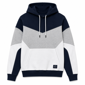 Sudadera con Capucha Color Block Unisex para Adultos, 100% Algodón Transpirable, Diseño de Parches, Logotipo Frontal, Blanco, Gris, Azul Marino - Product Image 1