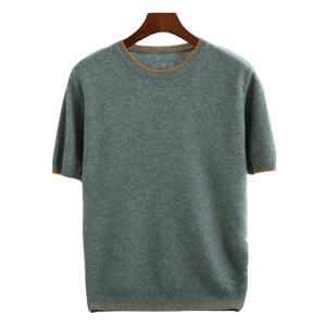 T-shirt pour hommes 2025 été nouveau débardeur tricoté mode couleur bloc col rond pull pull 100% pure laine à manches courtes - Product Image 4