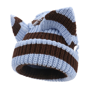 Gorro de punto a rayas con orejas de gato para niños, unisex, lindo gorro de invierno hecho a mano, 100% acrílico, estilo casual. - Product Image 4