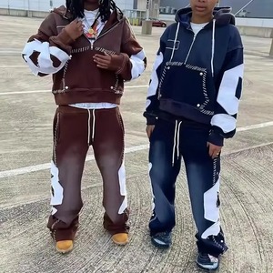 SHY SPORTS Survêtement unisexe personnalisé style vintage délavé, sweat à capuche avec patch bord brut et pantalon de jogging ample en molleton épais - Product Image 6