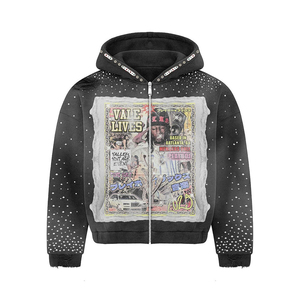 Sudadera con capucha extragrande con cremallera para hombre, negra, con pedrería, estilo vintage, estampado gráfico hip hop, unisex, ropa de calle - Product Image 1