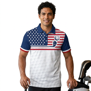 American Flag <b>Golf</b> <b>Polo</b> Shirt Men Short Sleeve Quick Dry Printed Design <b>White</b> Blue Red Hex Pattern Front Logo - Product Image 2
