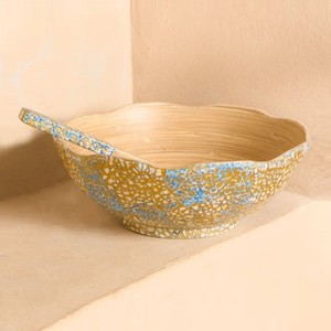 Scalloped Bamboo Salad Bowl with Eggshell Lacquer <b>Serving</b> Set with Spoon and Fork Kitchenware Bamboo <b>Serving</b> Bowls from Vietnam - Product Image 1