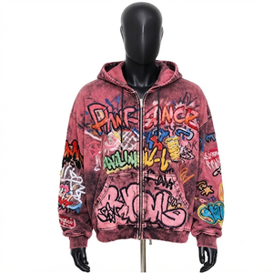 Custom Heavyweight Vintage Zip Hoodie Acid Wash Graffiti Embroidery Streetwear Hoodie OEM Supplier - Product Image 4