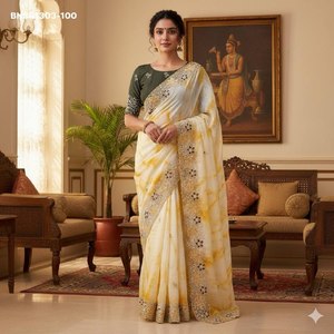 Dernière collection de saris et chemisiers en tissu Butti et bordure brodés de fils et de paillettes, motif Gold Crush, fournisseur d'Inde - Product Image 5