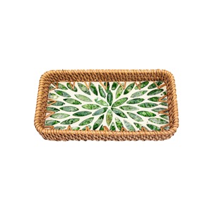 Rectangle Mother Of Pearl Rattan Tray For Aesthetic Family Dining And Vanity Tray For Perfume Bottles <b>Candles</b> Or Jewelry - Product Image 4