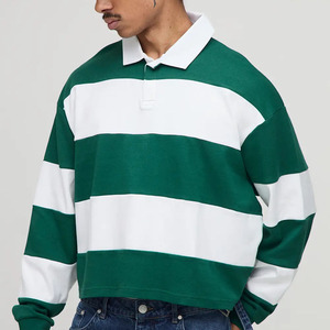 Polo à manches longues rayé pour homme, coupe ample, en coton tricoté, décontracté, design color block vert et blanc, style rugby, vente en gros - Product Image 1