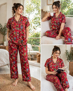 Red Floral Hand Block Print Pajama Set Women Short Sleeve Shirt Long <b>Pants</b> Casual Nightwear Handmade Cotton Sleepwear Loungewear - Product Image 4