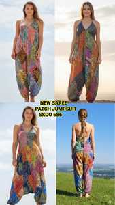 SK NOOR SONS PRESENTS Combinaison-sari pour femme, style bohème sexy, patchwork, coupe ample, en tissu satiné écologique, col en V, longueur midi, taille ajustée - Product Image 2