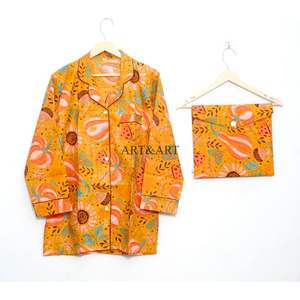 Conjunto de pijamas para mujer con estampado de frutas, elegante y hermoso, hecho a mano, 100% algodón, cintura elástica, floral, manga larga, largo completo - Product Image 3