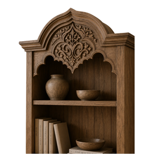 <b>Solid</b> Teak <b>Wood</b> <b>Bookcase</b> Hand Carved Arched Dome Bookshelf with Lower Storage Cabinet - Product Image 2