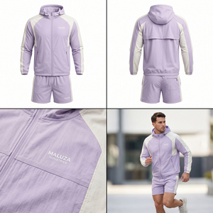 Ensemble survêtement homme coupe-vent léger et imperméable avec sweat à capuche zippé et short assorti pour la course en extérieur - Product Image 3
