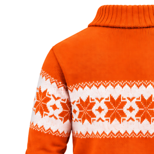 <b>Mens</b> Orange Fair Isle Knitted Sweater And <b>Shawl</b> Collar Three Button Placket Nordic Snowflake Pattern Long Sleeve Winter Pullover - Product Image 4