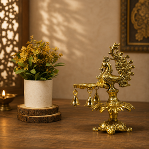 Handcrafted Golden Metal Peacock Oil <b>Lamp</b> Diya Hanging Bells Traditional Indian Handicraft Temple Tabletop Home Decor - Product Image 3